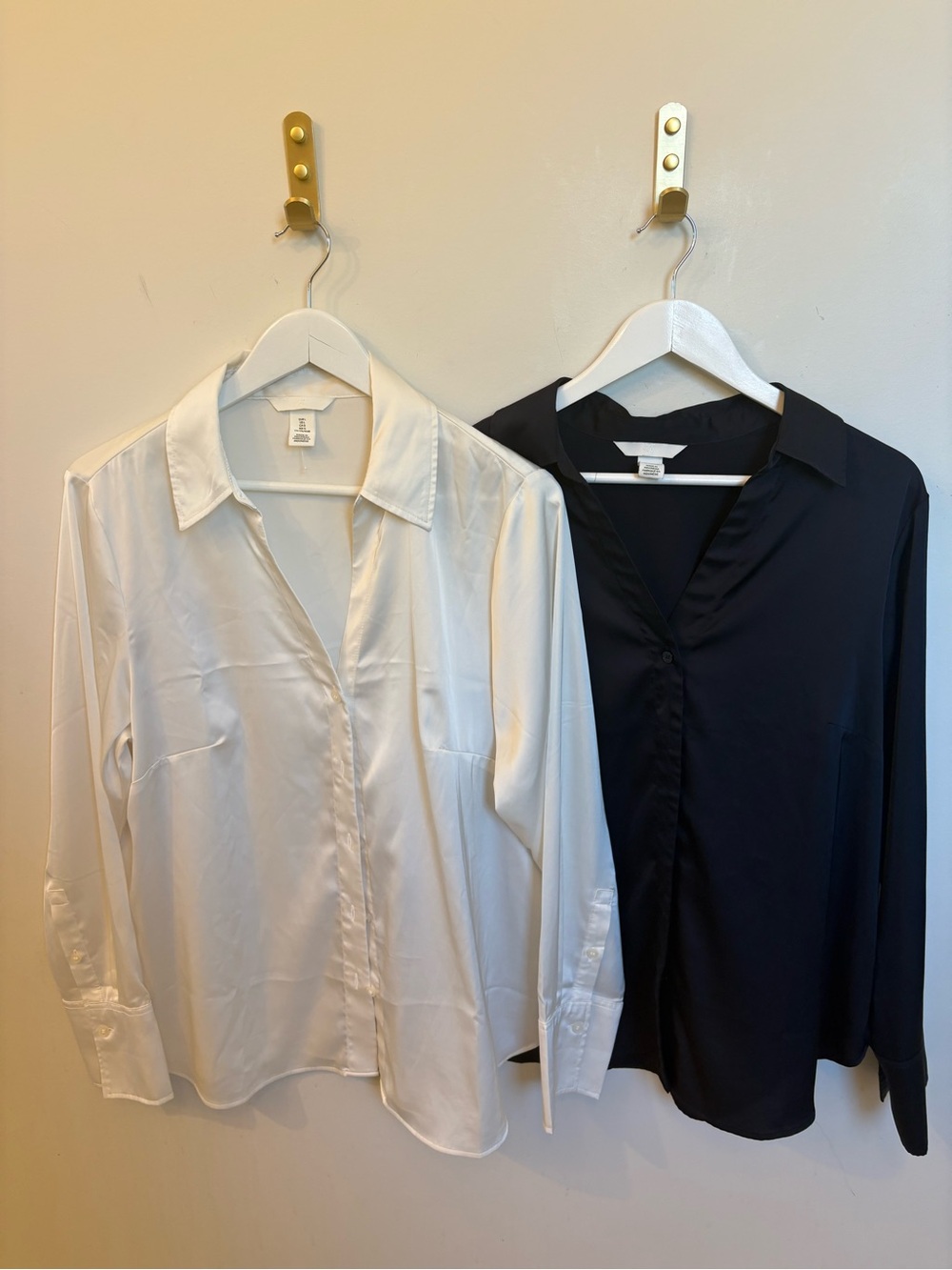 H&M Satin Button-Front Blouse in White and Navy (seeing together)